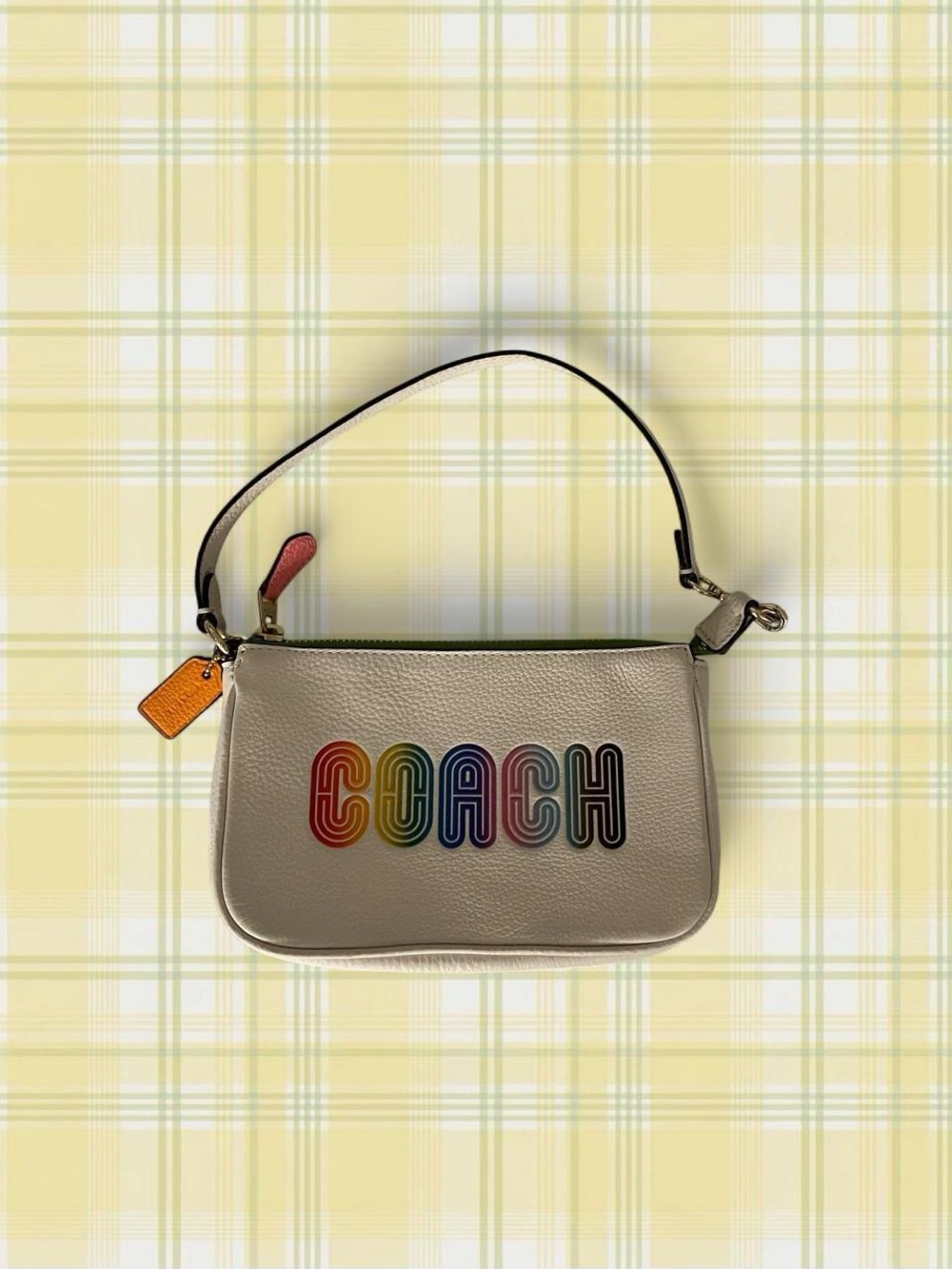 COACH Cream Leather Mini Wristlet with Rainbow Logo